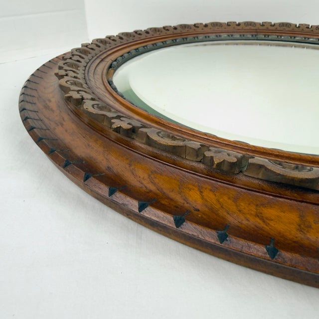Wood Victorian Hand Carved Round Oak Mirror For Sale - Image 7 of 13