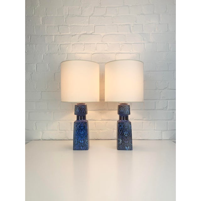 1970s Blue Ceramic Table Lamps by Nils Thorsson for Fog & Morup, 1960s, Set of 2 For Sale - Image 5 of 12