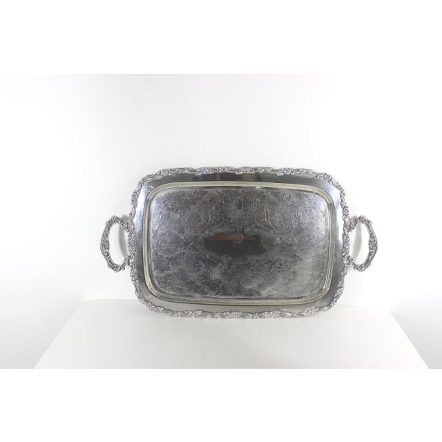 Victorian Extra Large Butler’s Tray Silver Plated Rectangular Platter Vintage Plate Ornate Floral Handles Embossed Serving For Sale - Image 3 of 15