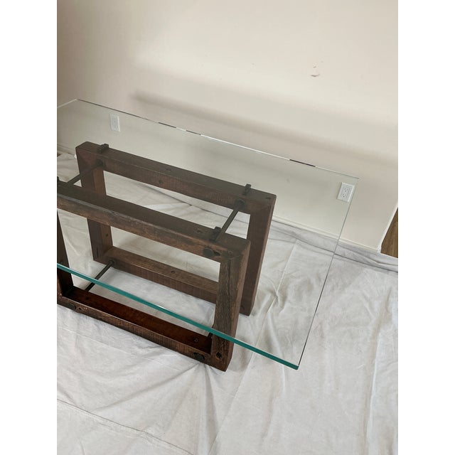 Brown Modern Glass Top Dining Table With Rustic Solid Wood Base – Rh Style For Sale - Image 8 of 14