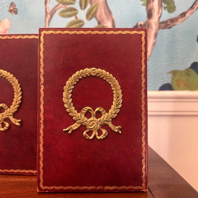 20th Century Red Leather Brass Laurel Wreath Bookemds a Pair For Sale - Image 4 of 12