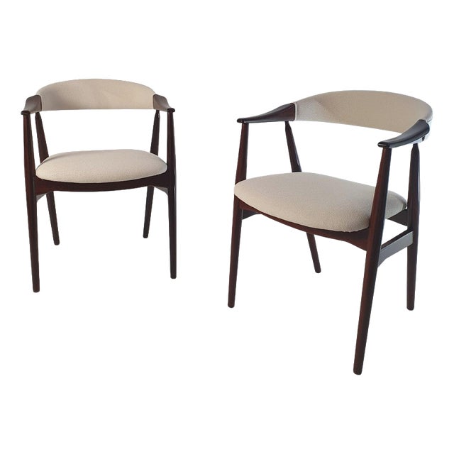 Mid-Century Modern Dining Chairs in Bouclé and Walnut attributed to Thomas Harlev, 1960s, Set of 2 For Sale