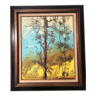 1976 Mid-Century Modern Morris Katz Original Impasto Bird Landscape Painting For Sale