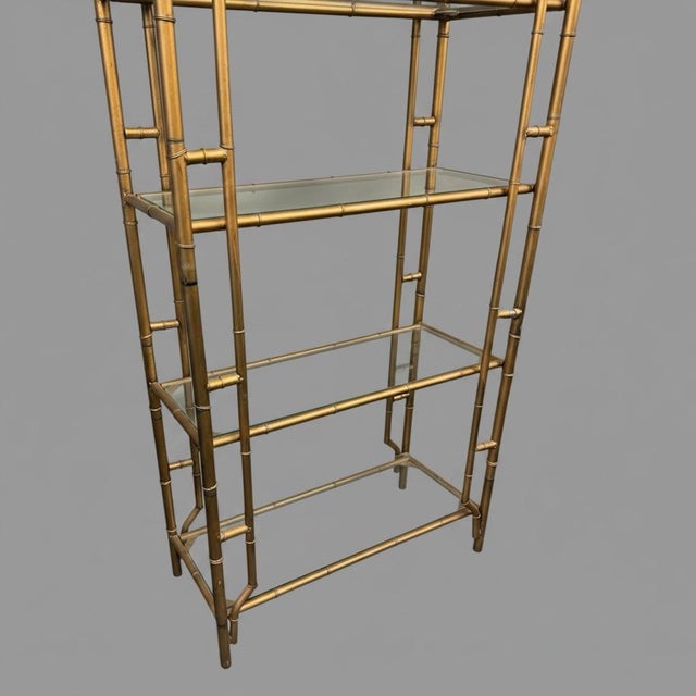 Vintage Gilt Metal Faux Bamboo Curio Display Etagere With 5 Glass Shelves For Sale - Image 4 of 8