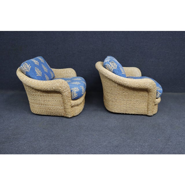 Blue Pair of Custom Wicker Swivel Lounge Chairs Attributed to Century Furniture, 1980s For Sale - Image 8 of 13