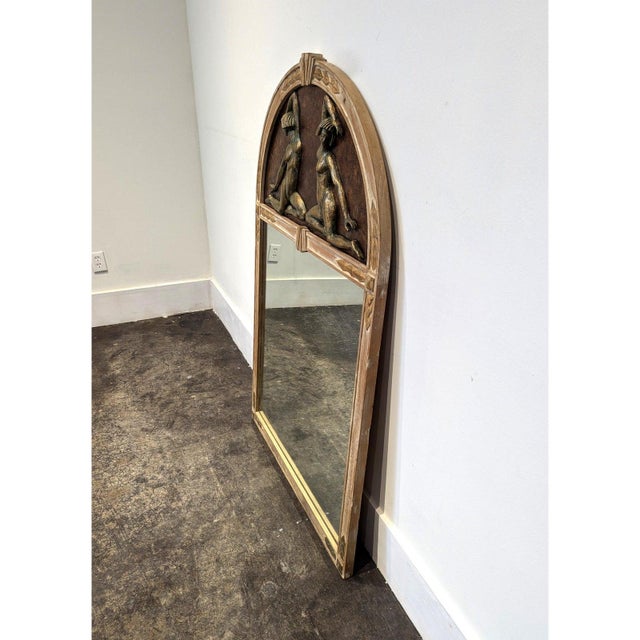 Tan French Art Deco Oak Figural Trumeau Mantel Mirror For Sale - Image 8 of 9