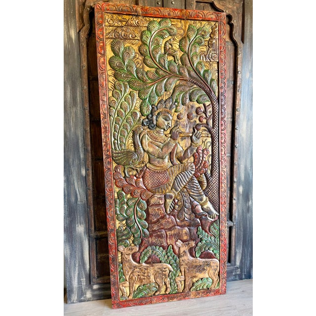 Fluting Krishna With Deer – Vintage Carved Wood Wall Art From Colorful Indian Door 83x36 For Sale - Image 4 of 7