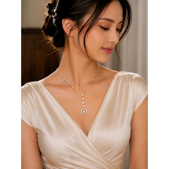 Traditional 14K White Yellow Gold Diamond Heart Station Necklace For Sale - Image 3 of 3