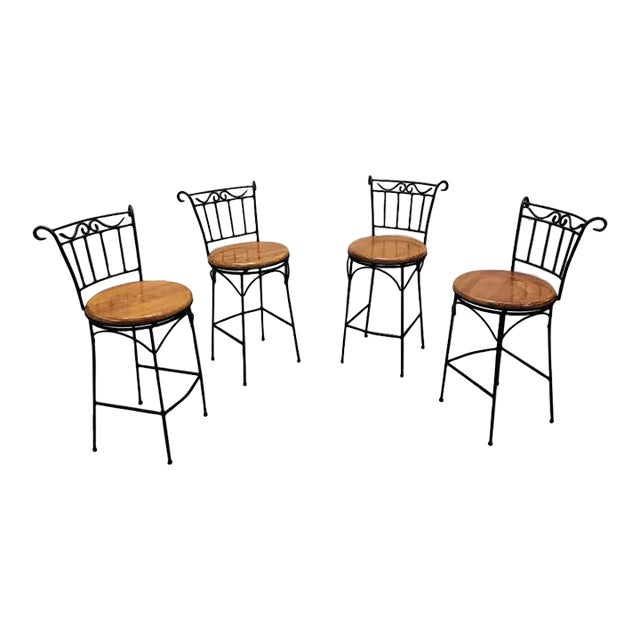 French Country Style Wrought-Iron and Wood Swivel Bar Stools - Set of 4 For Sale
