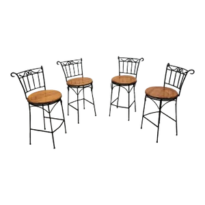 French Country Style Wrought-Iron and Wood Swivel Bar Stools - Set of 4