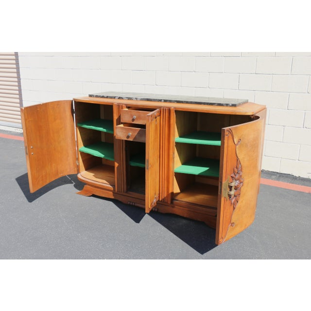 Brown Antique French Art Deco Burl Wood Sideboard Buffet With Marble Top For Sale - Image 8 of 18