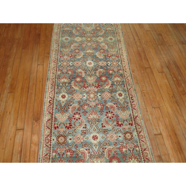 Blue Early 20th Century Zabihi Collection Extra Long Persian Malayer Runner in Light Blue and Pink - 2'8" x 20'8" For Sale - Image 8 of 9