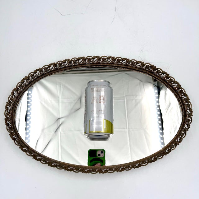 Vintage Hollywood Regency Gold Ormolu Filigree Mirrored Long Oval Tray For Sale - Image 4 of 13