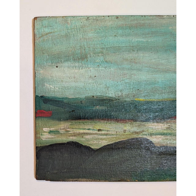 Intriguing vintage mid-century modernist landscape study painted in acrylic on a natural wood panel, measuring 8 inches...