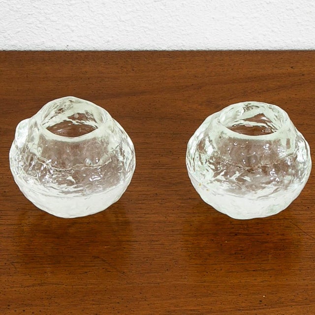 Transparent Mid Century Modern Kosta Boda Snowball Candleholders Pair Clear Art Glass Round For Sale - Image 8 of 11