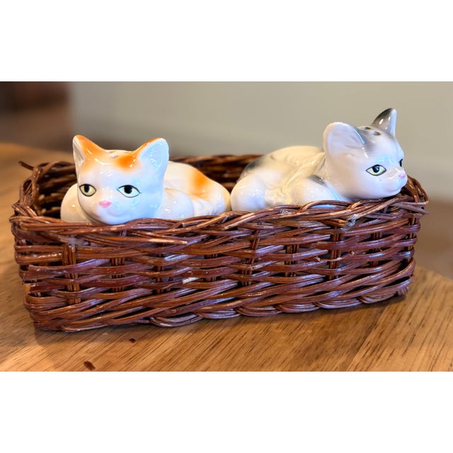 Farmhouse 1990s Trompe-l'Oeil Ceramic Cats in Baskets Salt and Pepper Shakers - a Pair For Sale - Image 3 of 12