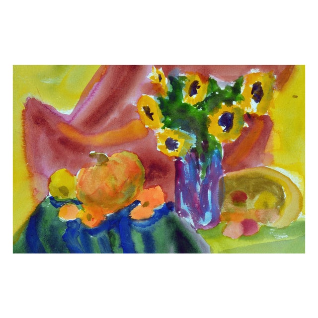 Vibrant watercolor still life of a harvest scene with a vase of sunflowers, pumpkins, and other fruits spilling out of a...