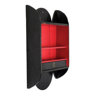 Antique 1900s Handmade Folk Art Painted Black & Red Wood Curio Cabinet Wall Shelf With Storage Drawer For Sale