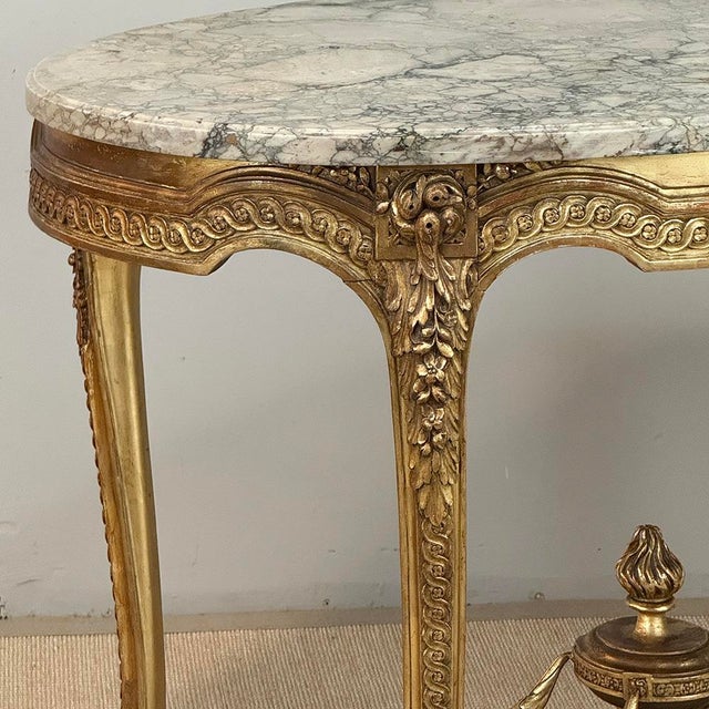 19th Century French Louis XVI Gilded Marble Top Oval Center Table For Sale - Image 12 of 18