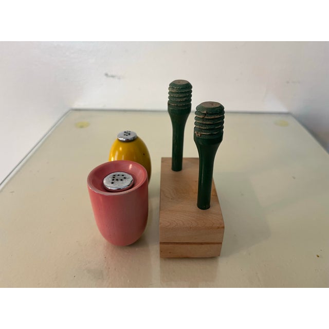 Rare Danish Mid Century Handmade Carved Tulip Flower Salt & Pepper Set on Burlwood Stand For Sale - Image 9 of 11