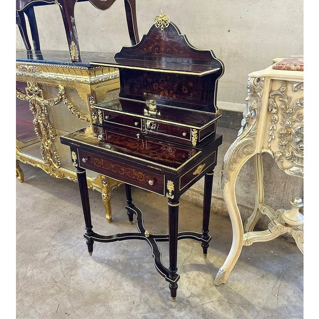 French French Style Office Woman Writing Desk With Gold Details For Sale - Image 3 of 5