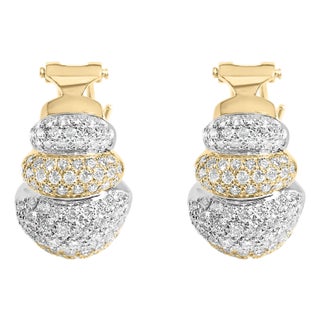 18K Two-Toned Gold 5.00 Cttw Diamond Three-tier Domed Button Omega Back Earrings (G-H Color, VS2-SI1 Clarity) For Sale