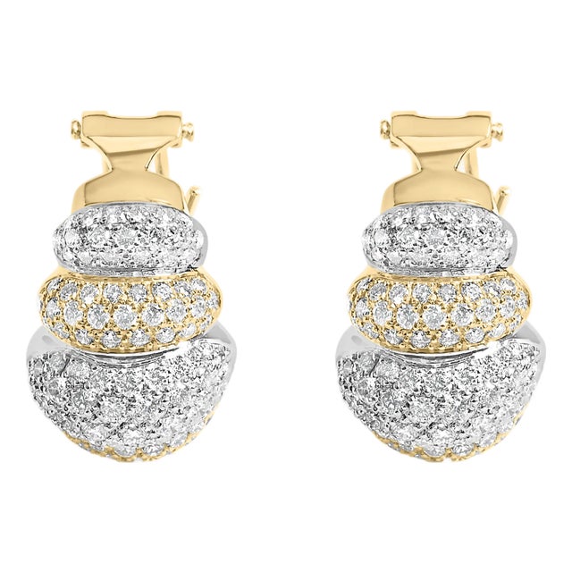 18K Two-Toned Gold 5.00 Cttw Diamond Three-tier Domed Button Omega Back Earrings (G-H Color, VS2-SI1 Clarity) For Sale