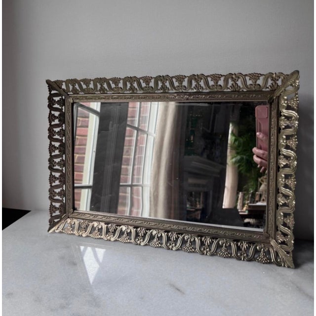 Vintage Gold Filigree Dresser Vanity Mirror Tray With Feet….. For Sale - Image 15 of 15