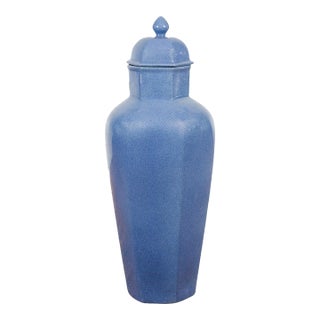 Tall Blue Glaze Lidded Hexagonal Vase with Crackle Finish, Vintage For Sale