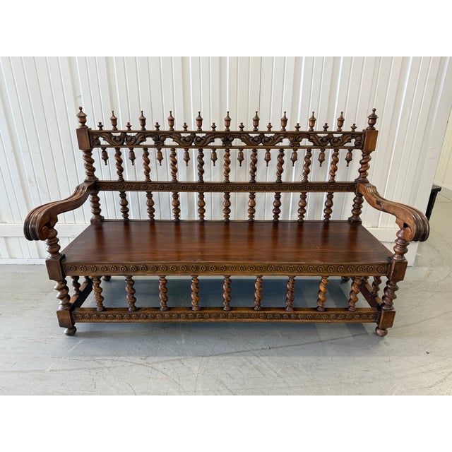 Brown Renaissance Revival Walnut Spindle-Back Settee With Velvet Cushion, 19th Century For Sale - Image 8 of 9