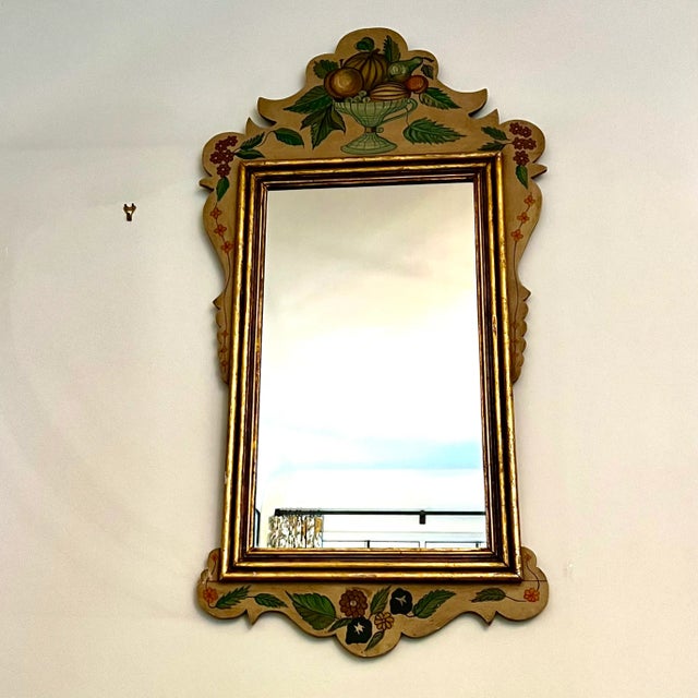 Chippendale Vintage Chippendale Style Hand Carved and Tole Painted Wall Mirror With Fruits and Flowers For Sale - Image 3 of 9