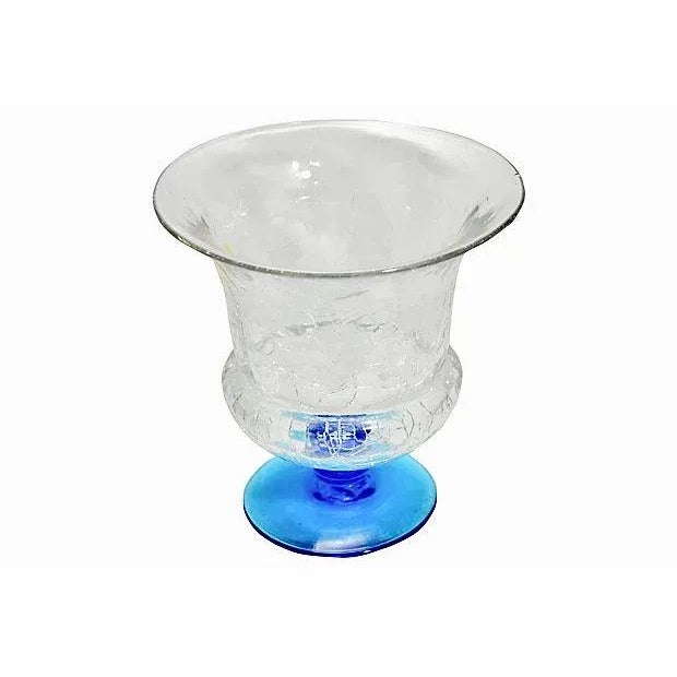 Large vintage crackle blown art glass vase with a brilliant teal azure ocean sea blue base. Maker's paper label “Blenko...