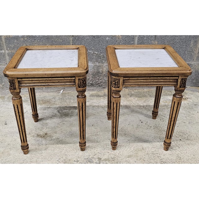 Pair Mid Century French Style Fruitwood & Marble Top Candle Stands Side Tables For Sale In Washington DC - Image 6 of 9