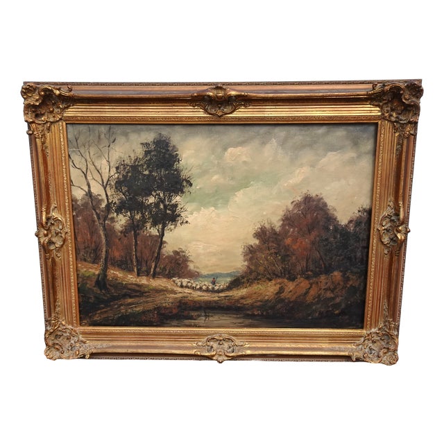 H. Schmidt, Shepherd in a Landscape, 1950s, Oil on Canvas, Framed For Sale