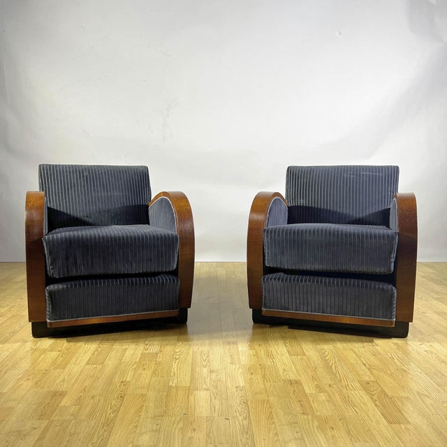 Art Deco Armchairs in Walnut Burl and Navy Blue Striped Velvet, 1930s, Set of 2 For Sale - Image 3 of 9