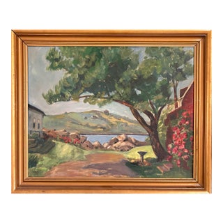 1951 Impressionist Lakeside Landscape Oil on Board Painting, Signed For Sale