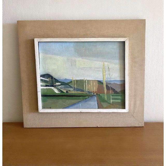 Oil on canvas by french artist henri wacquiez (20th c.), depicting a stylized rural landscape with poplar trees along a...