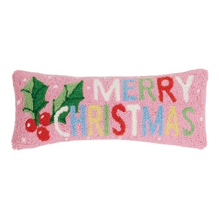 Merry Christmas Pink with Holly Hook Pillow 8" x 20" For Sale