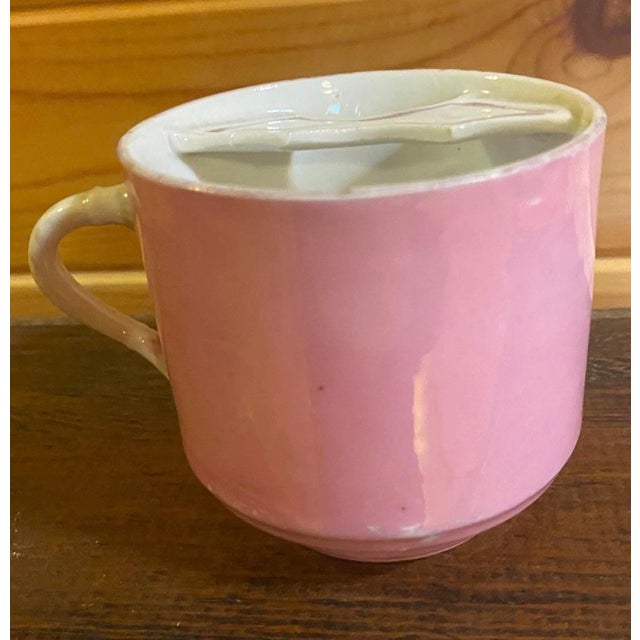 Antique 19th-Century German Pink Lusterware Mustache Cup | "A Present" Relievo Floral Gentleman's Shaving Mug | Victorian Maximalist Tea Cup For Sale - Image 4 of 5
