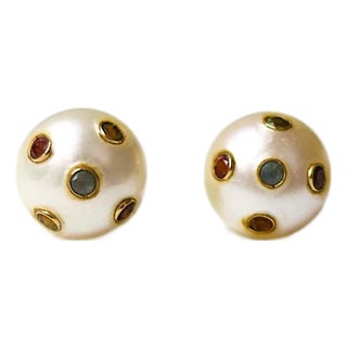 Late 20th Century Pearl Earrings With Gemstones- Set of 2 For Sale