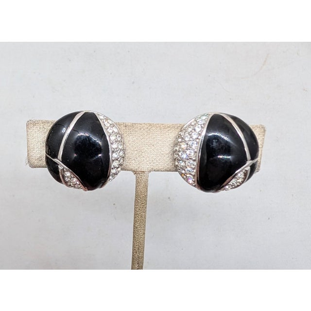 1980s Vintage 1980s Signed Courreges Paris Round Black Enamel & Pavé Clear Rhinestone Clip Earrings-2 Pieces For Sale - Image 5 of 7