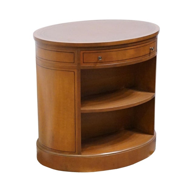 Baker Furniture Company Baker Furniture Solid Mahogany Traditional Style 26" Oval Accent Bookcase End Table W. Tooled Leather Top For Sale - Image 4 of 12