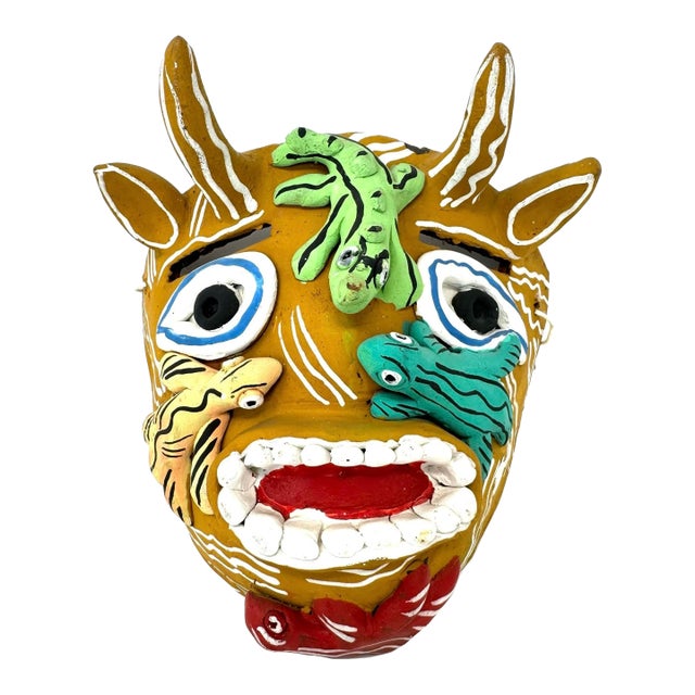 Mustard-Colored Clay Devil/Diablito Mask From Ocumicho - 8" H X 7" W X 4" D For Sale