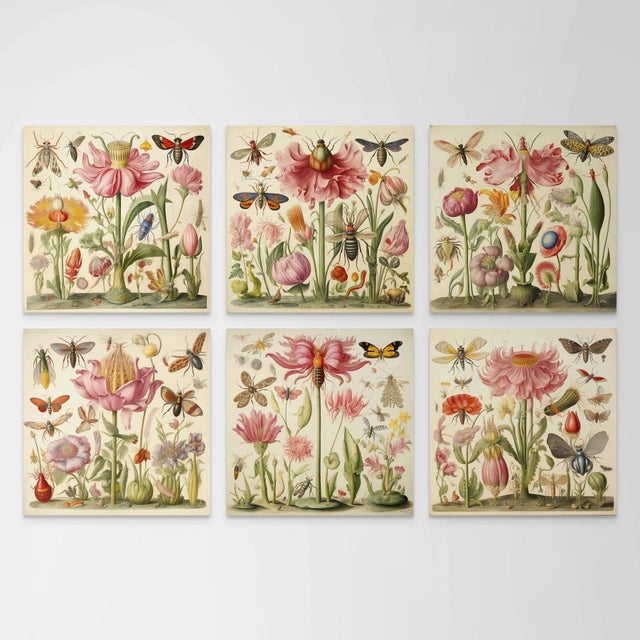 Pink # Set of 6 - 54" X 36" Gallery Wall Installation 'Insects and Flowers' Botanical Floral Prints, Unframed For Sale - Image 8 of 9