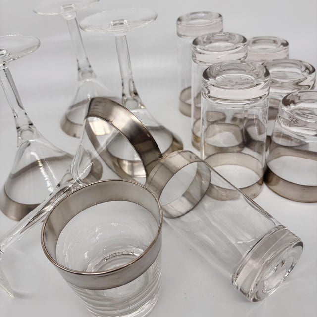 1950s 1950s Dorothy Thorpe Silver Band Barware Set -Martini Highball Lowball Glasses - 12 Pieces For Sale - Image 5 of 11