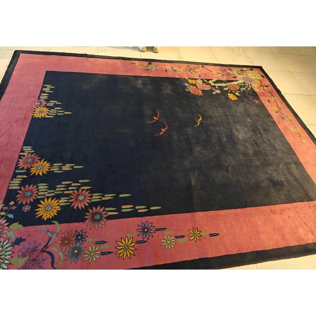 Art Deco 1920s Blue Navy Open Field Floral Antique Chinese Art Deco Carpet 9' X 11'8" Knotted Wool Rug For Sale - Image 3 of 10
