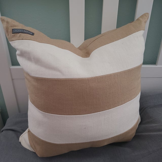 Ryan Studio 22" x 22" Pillow Ivory Taupe Striped Linen with 100% waterfowl Feather Insert made in USA New unused Pillow...
