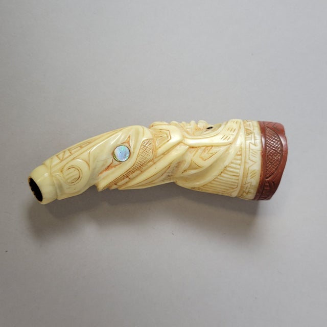 Bone Antique Carved Bone Figural Cheroot Holder With Shell Inlay Eyes For Sale - Image 7 of 8