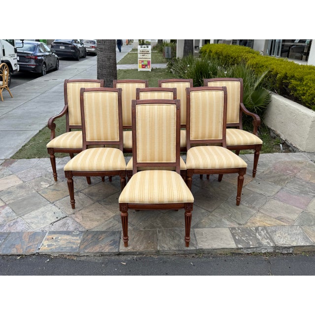Design Plus Gallery presents a Set of Eight Louis XVI French Regency Style Dining ChAirs. the chairs have all the...
