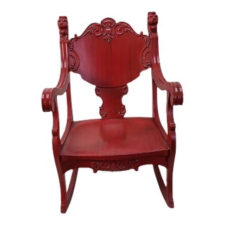 Late 19th Century Antique Victorian Painted Red Solid Oak Rocking Chair Hand Carved Lions For Sale